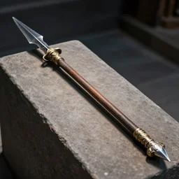 Gungnir, the spear of Odin, laying on the pedestal in the armory of the gods, hyper-realistic
