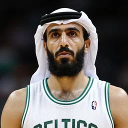 facial portrait of osama bin laden shooting free throws, boston celtics jersey, wearing a headband, sweating, focused