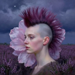 closeup, a giant flower head, mohawk, woman in heather field, surreal photography, starlight, storm clouds, impressionist painting, digital painting, artstation, simon stalenhag