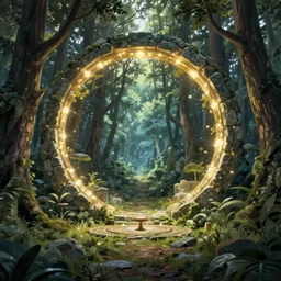 Fantasy Magical fairy-tale glowing stone portal in the forest. Round stone portal teleport in trees to other worlds. Fantastic landscape. Magic Altar in the fores, highly detailed, digital painting, artstation, concept art, smooth, sharp focus, illustration, art by  greg rutkowski