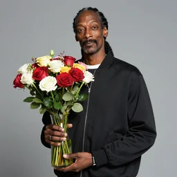 Snoop Dogg holding a Vase of flowers for a 1990s sitcom tv show, Studio Photograph, split lighting, portrait, C 12.0