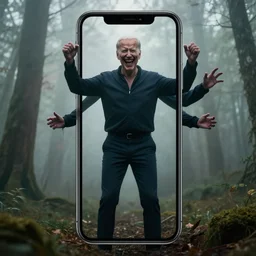 joe biden with 4 arms standing ominously far in the foggy woods with a demonic wide smile in his face, iphone photo, creepy