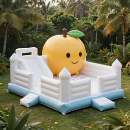 huge white adult bouncy castle playground in big fruits form, on the olg tropical forest, style by anish kapoor, parts by shih chieh huang, warm soft light, bird view, shallow depth of field realistic, 8 k, hyperrealism, subsurface scattering, raytracing