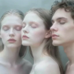 out of focus new retro photorealistic portrait of beautiful aesthetic pale women and men by sarah moon, very blurry, translucent white skin, closed eyes, foggy