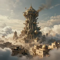 epic photo of an ancient Byzantine city surrounded by clouds, Giant imposing steampunk tower, full of strange steampunk devices and machines, full of smoke and dust, air particles, hyper real, Indiana Jones, matrix, trending on artstation, concept art, photorealistic, cinematic, city