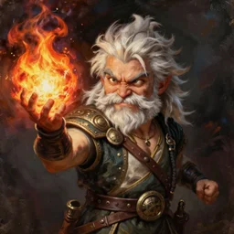 beautiful portrait painting of a very short and small male halfing bard with white hair, full beard, extremely irritated, agitated, from pathfinder, evil smirk, narcissist, self centered, casting fireball, painted by larry elmore, wayne reynolds, greg rutkowski, magic the gathering, dungeons and dragons, dishonored 2