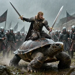 cinematic still of King Arthur going to battle on his magestic War Turtle and wielding Excalibur as he charges the enemy, raining, 4k, masterpiece, by Greg Rutkowski, Trending on Artstation