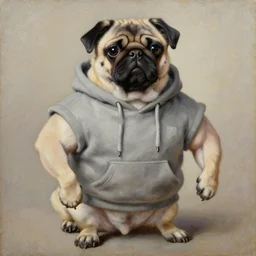 dog pug as bodybuilder wearing hoodie portrait, heavy texture victorian  natural oil painting
