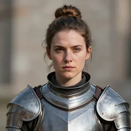 perfectly centered close up portrait, female knight in full body armor, candid photography, by anne stokes, updo, highly detailed, unreal engine 5