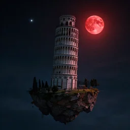 dark concept art of the pisa tower on a floating island in night sky under a red moon, bright stars, octane render