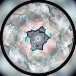 cotton candy, irregular, non-symmetrical fractals viewed through a kaleidoscope, hexagonal segments