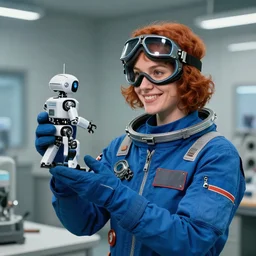 american department, a female scientist in her thirties, blue spaceflight tights, wearing pilot goggles, scientific and technological wind, mechanical wind, smile, red short curly hair, blue gloves, holding a small robot in her hand by bussiere rutkowski andreas rocha