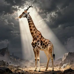 long neck giraffes, pointed legs, antlers, lovecraftian