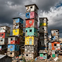 close - up towers made up of colourful makeshift squatter shacks, bleached colours, dramatic cloudy sky, dystopia, mamiya, very detailed, ultra sharp, photographed by andy warhol
