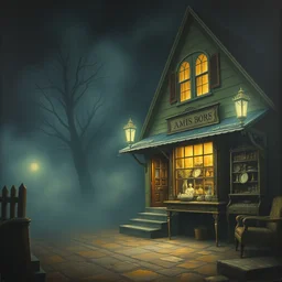 scary antique shop, night time, fog in background, painting, scary