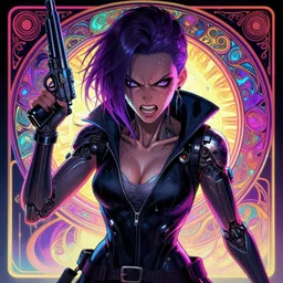 I have no mouth and i want to scream, cyberpunk angry gorgeous gunslinger, alterd carbon, William Gibson, neon, fibonacci, sweat drops, insane, intricate, highly detailed, digital painting, artstation, concept art, smooth, sharp focus, illustration, Unreal Engine 5, 8K, art by artgerm and greg rutkowski and alphonse mucha