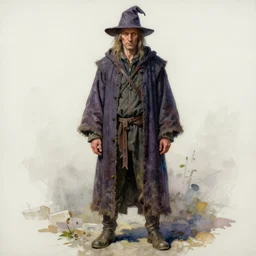 a oil / watercolor painting full body character portrait of a homeless sorcerer in the style of moebius in the style of leonard boyarsky trending on artstation deviantart pinterest detailed photorealistic highlights and shadow hd 8 k post - processing high resolution