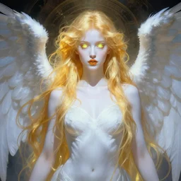 priestess with angelical wings, golden hair, fluorescent eyes, white skin, lipstick, beautiful, goodness, high fantasy, illustration, by artgerm, greg rutkowski, alphonse mucha