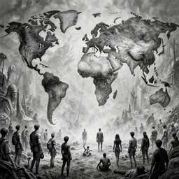 hellish World, many people, monochrome, by Greg Staples, ultra detailed