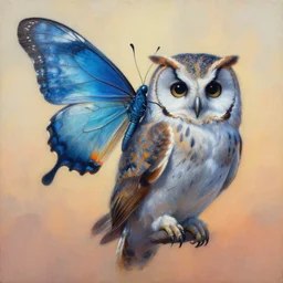 painting of hybrid between butterfly & owl, intercrossed animal, by zdzislaw beksinski, by tiffany bozic, cold hue's, warm tone gradient background, concept art, beautiful composition, digital painting
