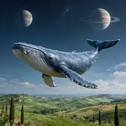 highly detailed cinematic scifi render of flying whale over the tuscany skies, cypresses and hills, stars and planets, hyper detailed, digital art, cinematic lighting, studio quality, smooth render, unreal engine 5 rendered, octane rendered, art style by klimt and nixeu and ian sprigger and wlop and krenz cushart, artstation unreal.