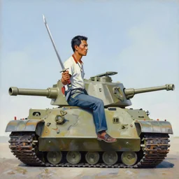 greg manchess portrait painting of a filipino man holding a sword sitting on a tank, asymmetrical, profile picture, organic painting, sunny day, matte painting, bold shapes, hard edges, street art, trending on artstation, by huang guangjian, gil elvgren, ruan jia, randy vargas, greg rutkowski