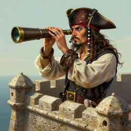 captain pirate looking trough a telescope spyglass. from the top of a stone fort. intricate, elegant, highly detailed, digital painting, artstation, concept art, sharp focus, illustration, by justin gerard and artgerm, 8 k
