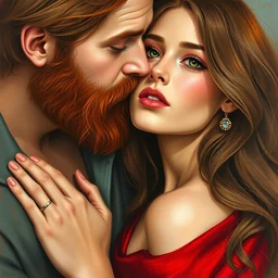 red bearded blue eyed man, kissing a beautiful woman with brown hair and green eyes. realistic painting