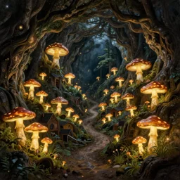glowing mushroom cave village Painting in the style of Bosch
