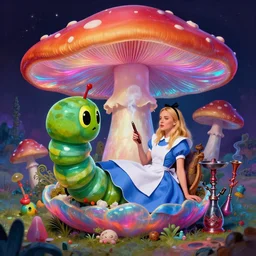gwyneth paltrow as a anthropomorphic caterpillar smoking a hookah, while relaxing in an iridescent giant mushroom, vibrant colors, creepy, micheal whelan art, trending on artstation, psychedelic, surrealistic, alice in wonderland