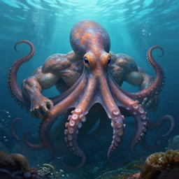 powerful, grossly muscled octopus at bottom of the ocean, fantasy artwork