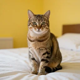 a 4 k photorealistic photo of a cat sitting on a bed in a yellow room