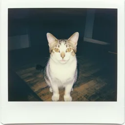 overexposed Polaroid photo of a kitten getting scared, bright camera flash, 1990