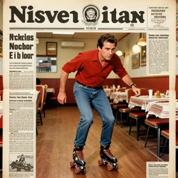 Photo of President Nixon rollerblading in a Mexican restaurant, award-winning front-page newspaper, grainy, 1970s