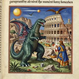 gorgeous illuminated manuscript page about kaiju destroying rome