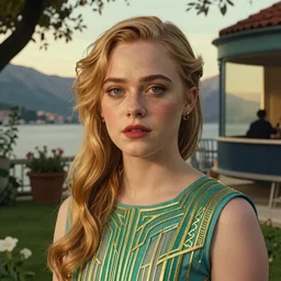 Elle Fanning, head and shoulders masterpiece, in Kotor, golden hour, in a garden, artstation, in the style of Art Deco and Edward Hopper and Bosch, extremely detailed