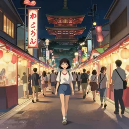 girl in streetwear walking in a japanese summer festival, night, epic perspective, illustration concept art anime key visual trending pixiv fanbox by wlop and greg rutkowski and makoto shinkai and studio ghibli