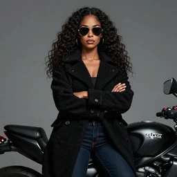 Picture of a beautiful female biker, tough, dark skin, jet black tuffe coat, aviator shades, dark blue jeans, long curly hair, serious look, armfold pose!, smooth, sharp focus, highly detailed, digital illustration, artstation