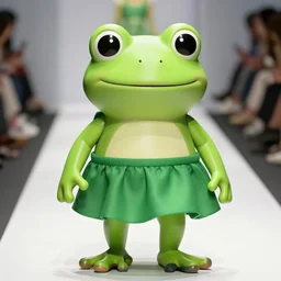 fashion show with a super cute smiling green tree frog dressed in a green skirt, photo realistic, matte image