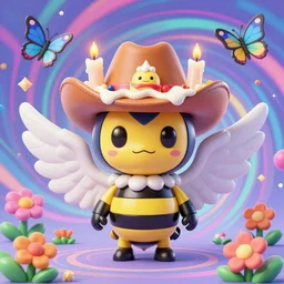 3 d render of chibi cyborg bee demon by ichiro tanida wearing a big cowboy hat covered with melting candles and wearing angel wings against a psychedelic swirly background with 3 d butterflies and 3 d flowers n the style of 1 9 9 0's cg graphics 3 d rendered y 2 k aesthetic by ichiro tanida, 3 do magazine
