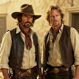 wyatt earp and doc holliday, kurt russell and val kilmer, hyperrealistic, volumetric golden dappled dynamic lighting, highly detailed, sharp focus, by victo ngai, artgerm