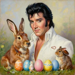elvis hunting easter eggs on easter sunday, oil on canvas, intricate, portrait, 8 k highly professionally detailed, hdr, cgsociety