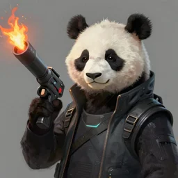 a portrait of a cyberpunk panda holding a flamethrower, fantasy, elegant, digital painting, artstation, concept art, matte, sharp focus, illustration, art by josan gonzalez