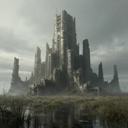 Brutalist citadel in a desolate swamp, created by Ruxing Gao, environment art, landscape art, artstation, incredibly detailed matte painting, concept art,