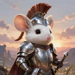 dungeons and dragons fantasy painting, mouse spartan general in plate armor, whimsical and cute, determined expressions, watery eyes, anime inspired, white fur, tufty whiskers, steel blades, dawn lighting, by brain froud jessica rossier and greg rutkowski