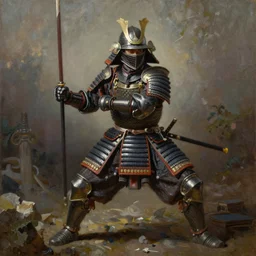 a oil painting of an Knight/samurai in a battle ready pose detailed realistic High Resolution HD 8k in color