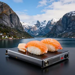 norwegian fjord but the mountains are sushi, realistic, hdr, clear image, hdd, rtx on, dynamic lighting,