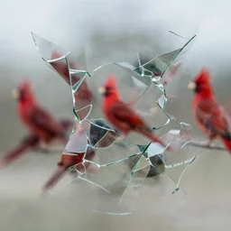 irregular fractals of cardinals, segmented broken glass shards, motion blur, distortion
