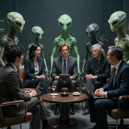 politicians meeting with aliens, by Greg Rutkowski, Sung Choi, Mitchell Mohrhauser, Maciej Kuciara, Johnson Ting, Maxim Verehin, Peter Konig, 8k photorealistic, cinematic lighting, HD, high details, dramatic, trending on artstation