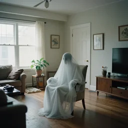 a real estate home interior photo. there is a ghost sitting in a chair, almost unseen.